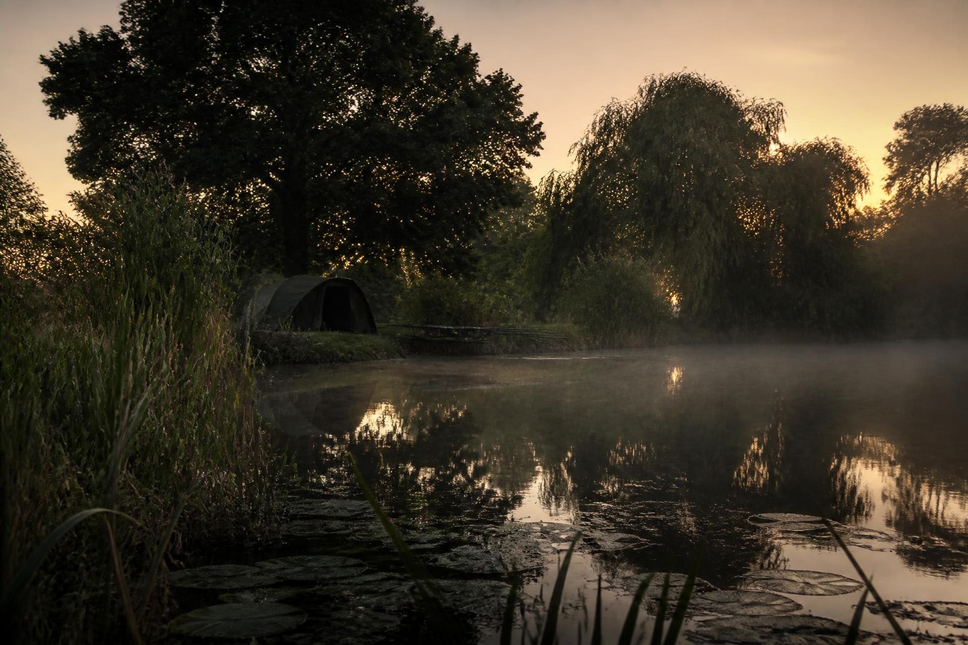 Misty English carp lake at first light with a bivvy and rods in silhouette